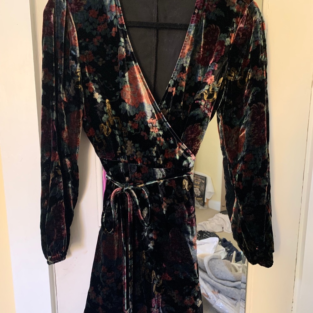 Zara velvet/velour floral wrap dress in greens and reds, size small